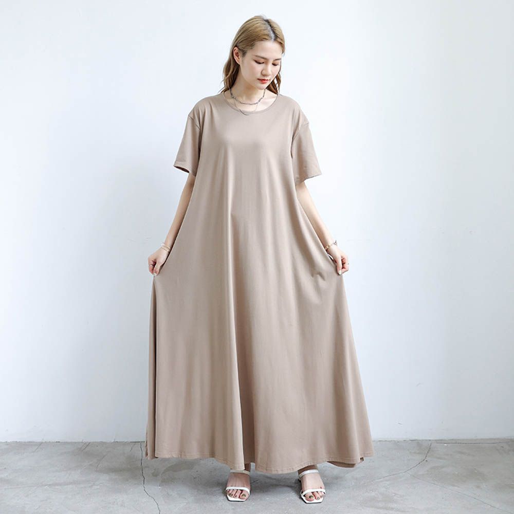 3D立體剪裁顯瘦短袖長洋裝-卡其色