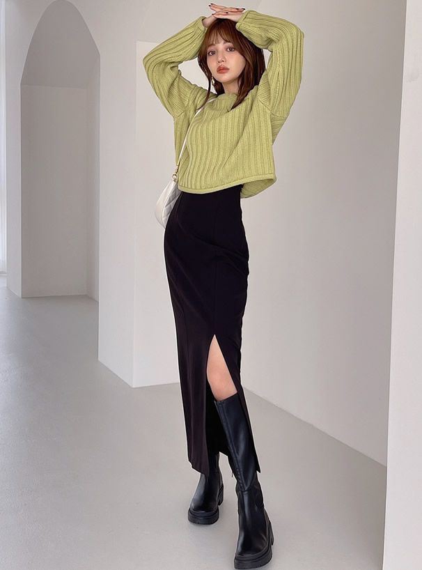 日本 GRL - 圓領坑條短版針織上衣-深灰 (F)