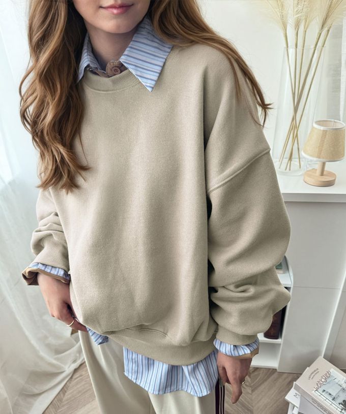 日本 Classical Elf - 背後率性logo刺繡裏起毛落肩上衣-棕色字-米白