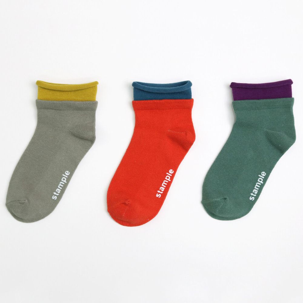 日本 stample - (親子)中筒襪-超值三雙組-假兩件撞色-A(灰x紅x綠)