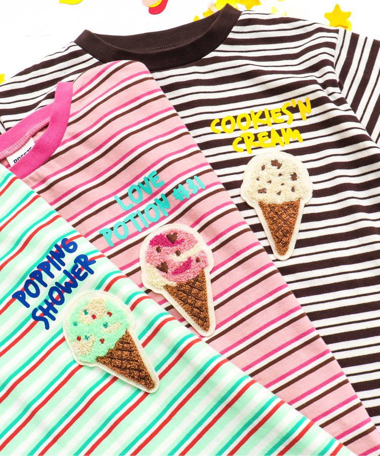 日本 BREEZE - 31冰淇淋聯名 條紋短袖上衣-甜筒刺繡-黑白