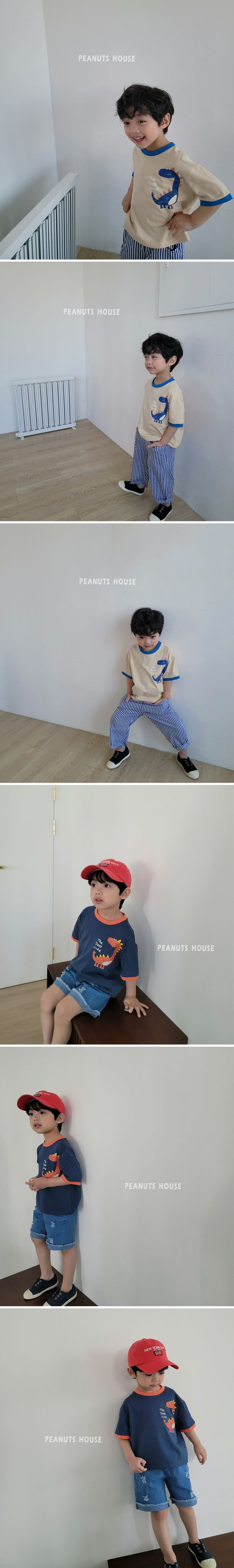 韓國 Peanuts House - 純棉印花圓領短袖上衣-橘恐龍-深藍