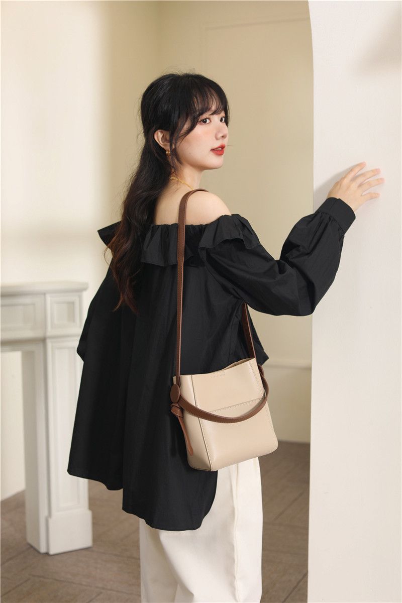 真皮復古歐美百搭單肩手提包/水桶包-杏+灰 (18x10x20cm)