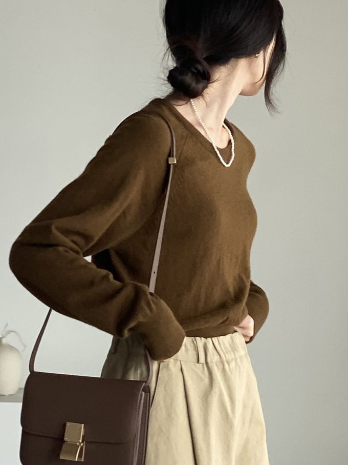 韓國女裝連線 - 喀什米爾混織針織上衣(不刺膚)-駝 (FREE)