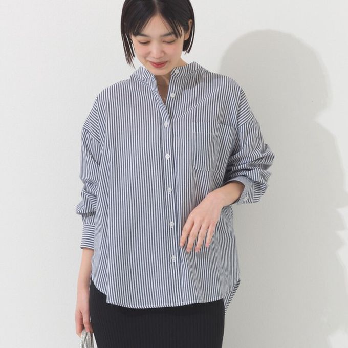 日本 OMNES - 純棉 俐落條紋寬鬆感立領襯衫-黑