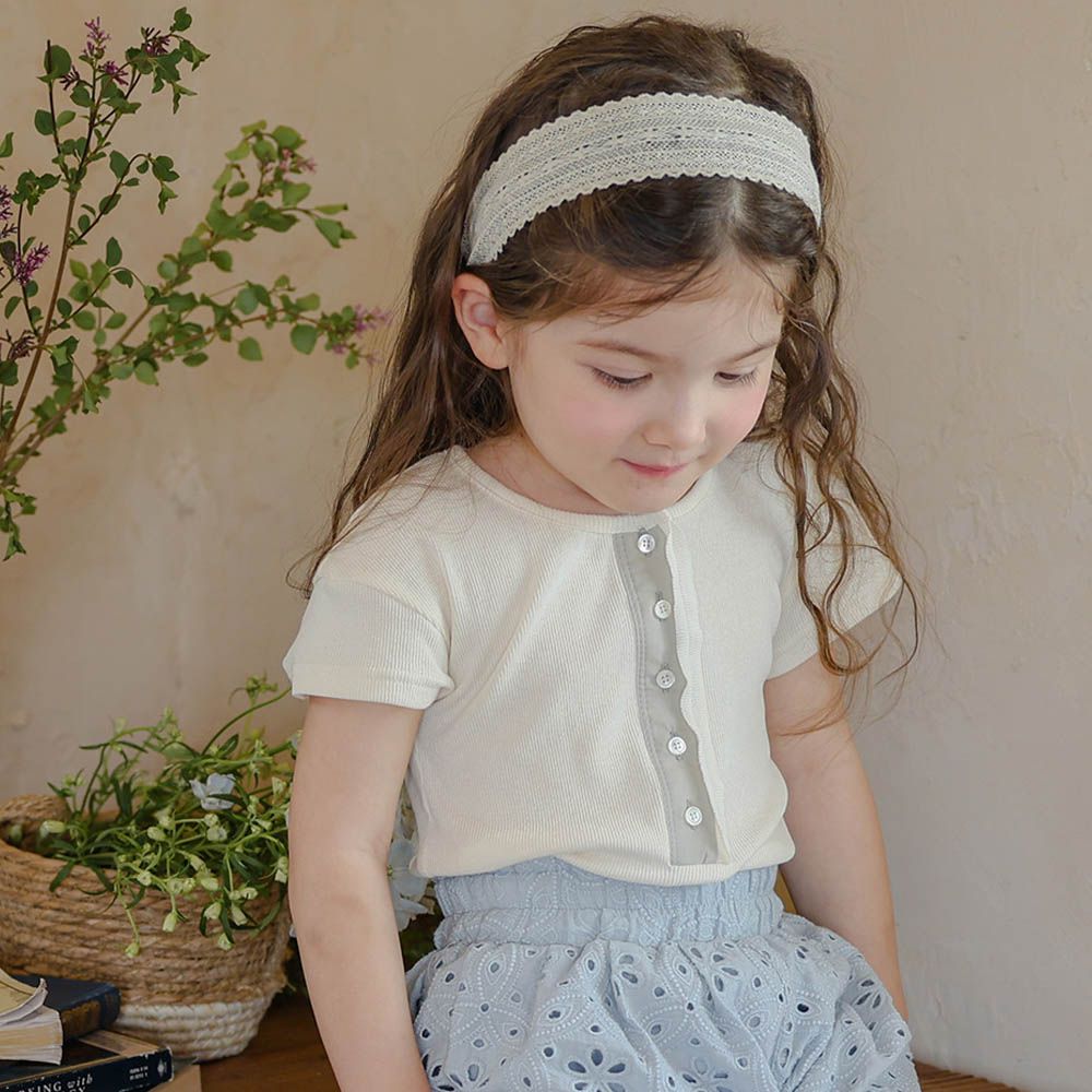 簡約鈕釦羅紋短袖上衣-奶白