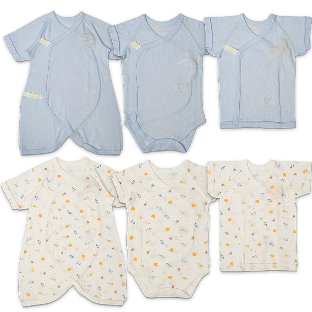 akachan honpo - 新生兒網眼內衣6件組-按扣款 短袖、7分袖-淺藍色 (50~60cm)