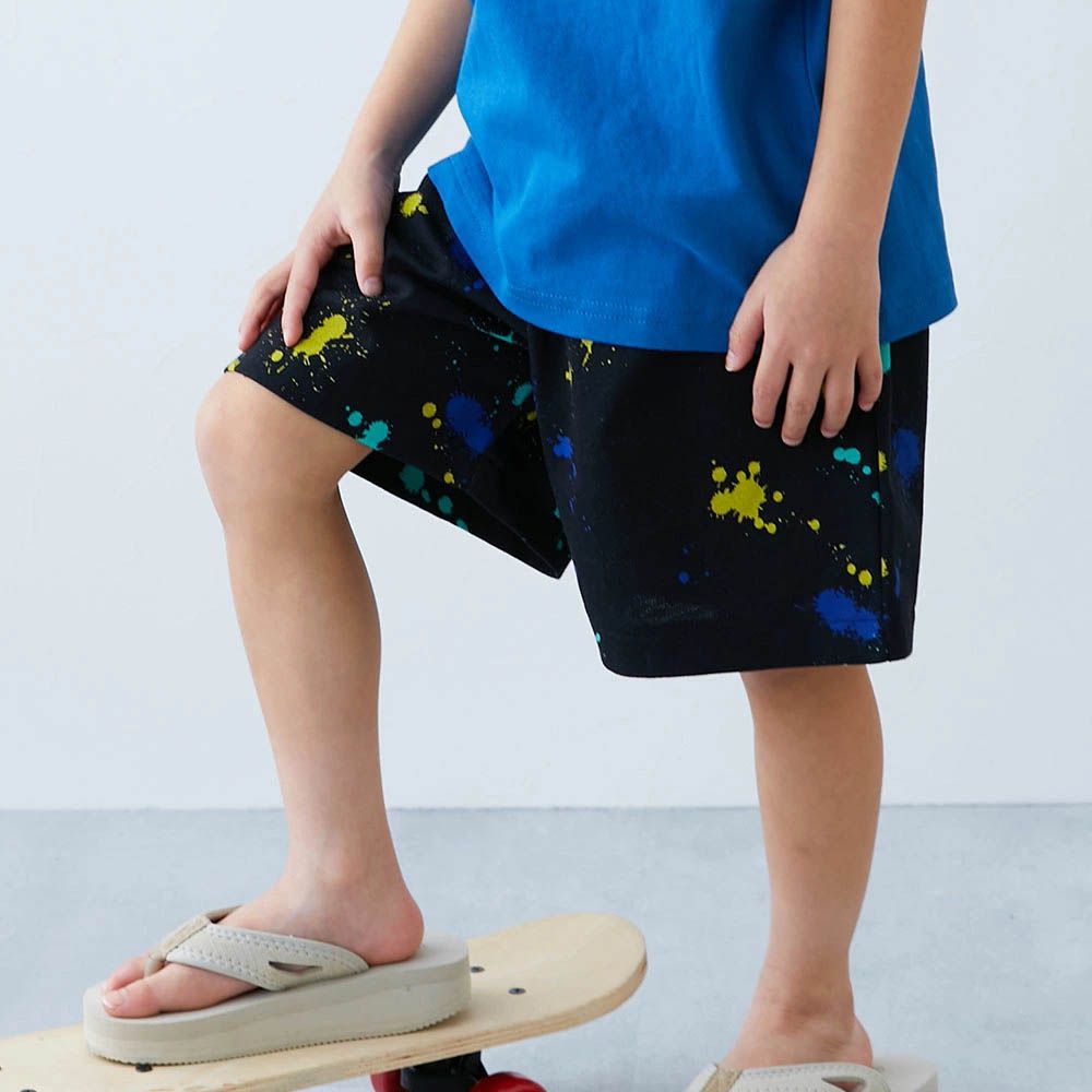 夏日印花純棉寬版短褲-潑墨-黑