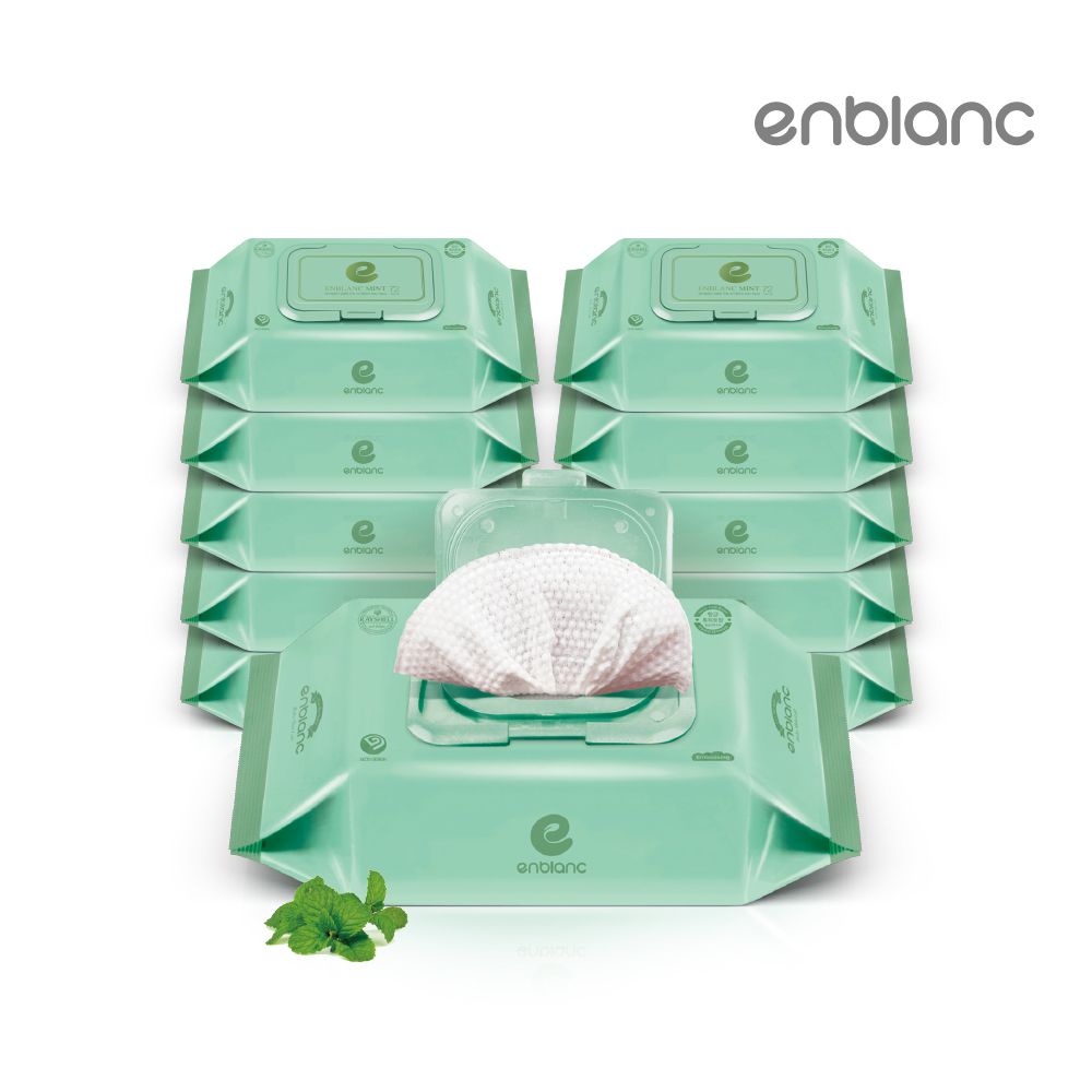 韓國 ENBLANC - 銀離子抗菌｜輕柔薄荷｜純水濕紙巾-有蓋大包-淺綠色-72抽10包