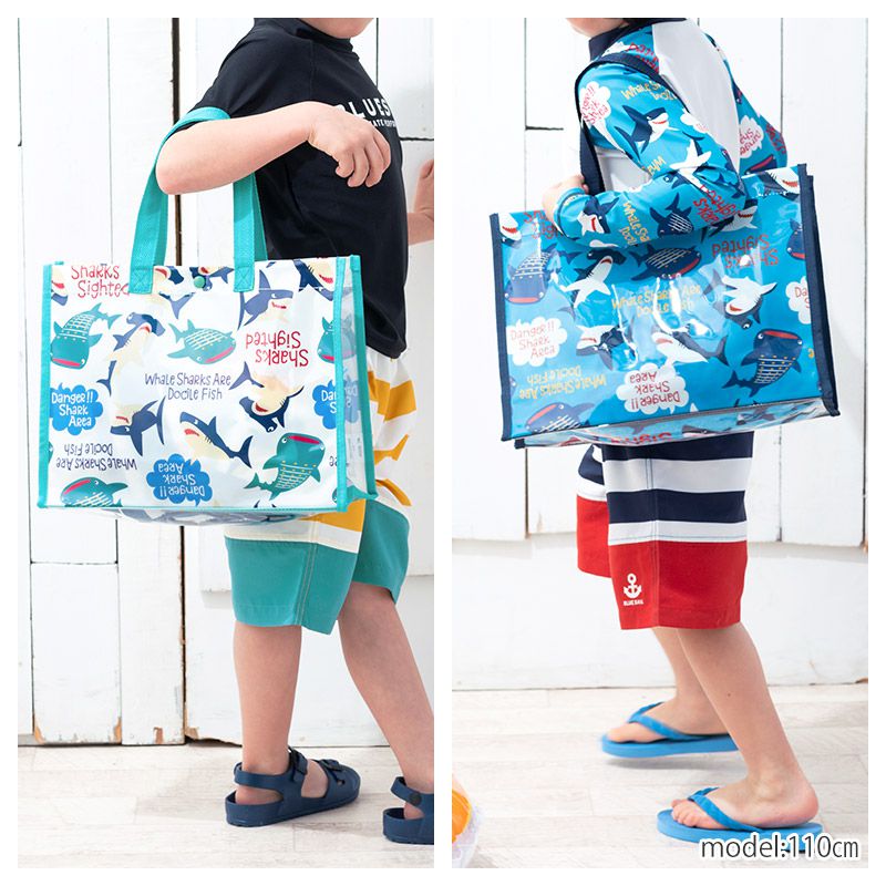 日本 ZOOLAND - 防水PVC手提袋/游泳包-F鯨鯊兄弟-深藍 (25x34x11cm)