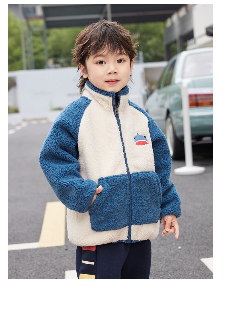 羊羔絨兒童保暖外套-鯊魚-咖啡色