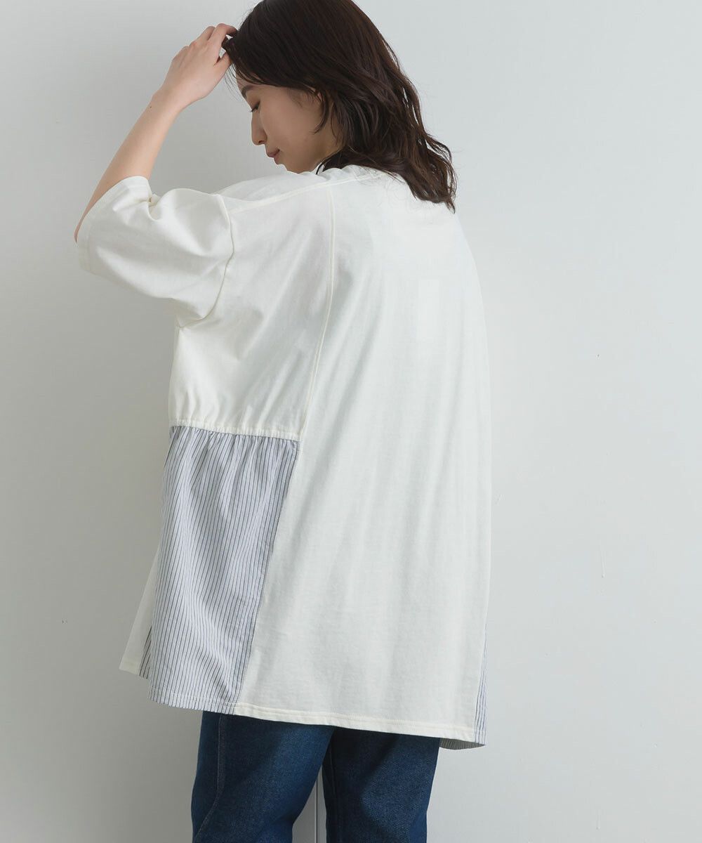 日本女裝代購 - 16支天竺棉拼接五分袖上衣-米白
