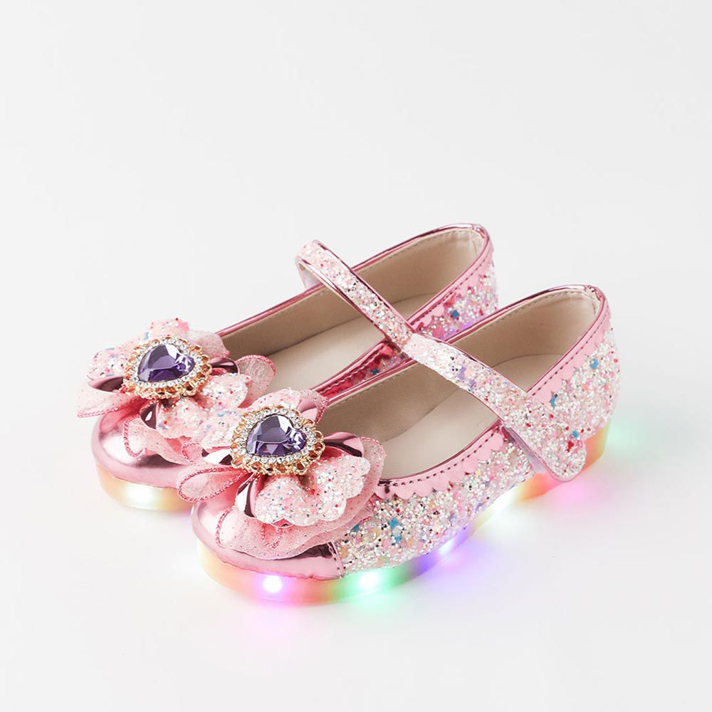 韓國 OZKIZ - (LED)愛心細鑽雙層蝴蝶結皮鞋-粉