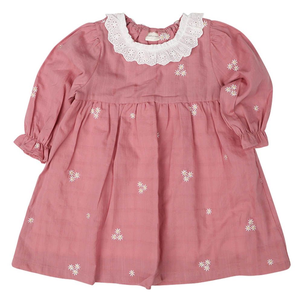 平織洋裝-滿版刺繡-粉紅色