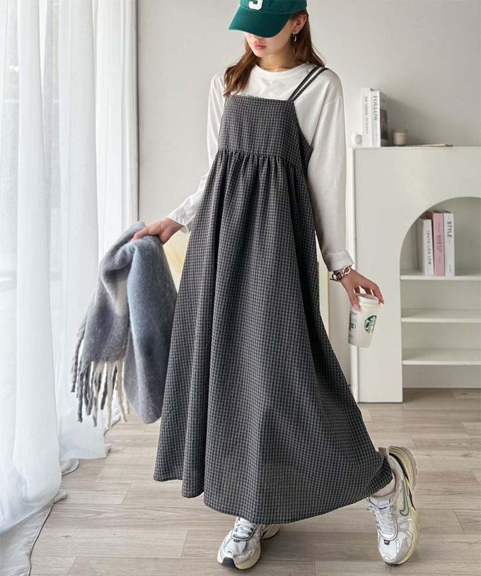 日本 Classical Elf - 成熟可愛感後綁帶吊帶洋裝-格子-灰黑