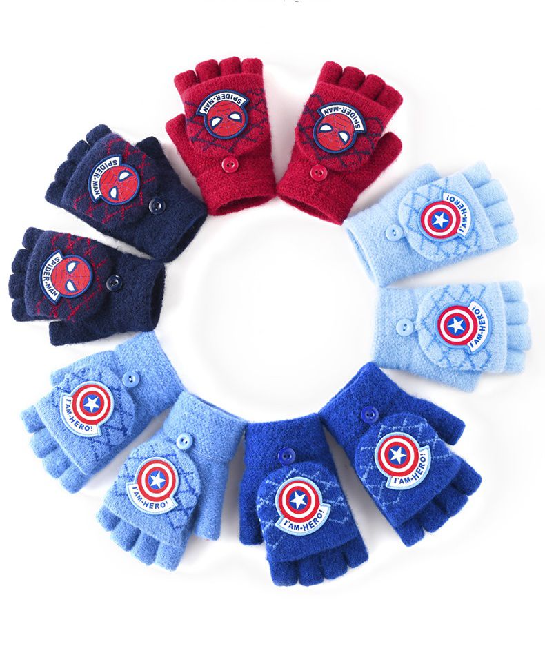 兒童翻蓋保暖半指手套-卡通人物蜘蛛人-紅色 (建議5-8歲)