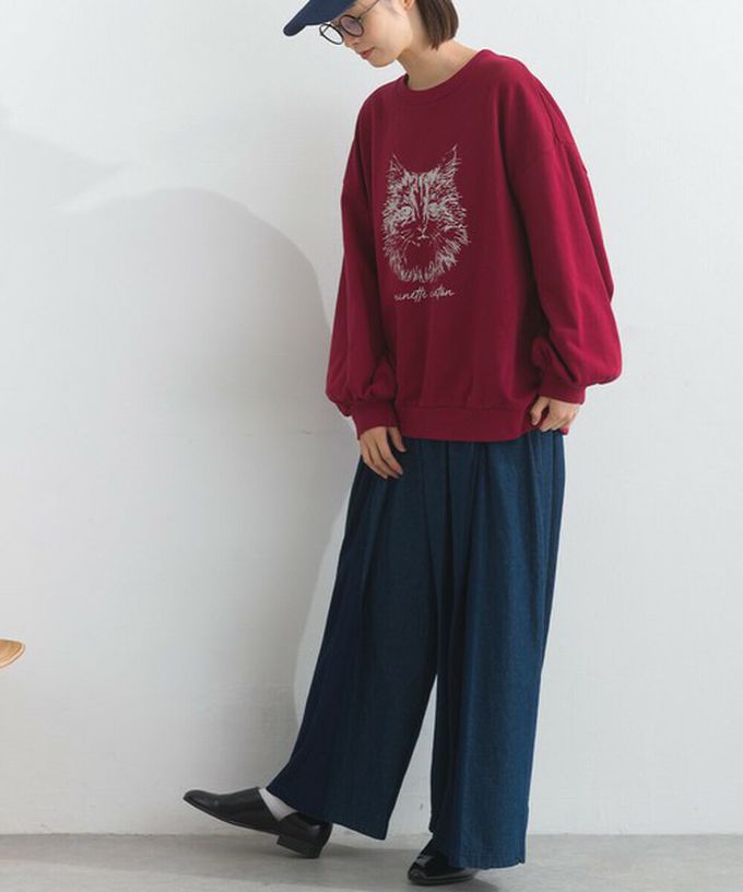 日本 Lupilien - 線條貓咪印花裏毛長袖上衣-藍