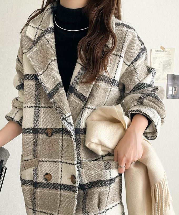 日本 Classical Elf - 亮麗格紋翻領廓形中長版大衣-焦糖棕