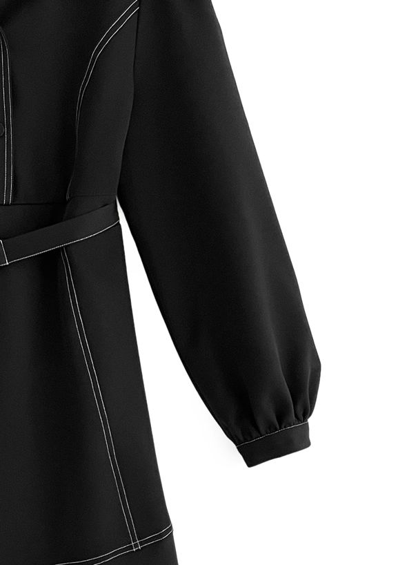 日本 GRL - 英倫率性車線翻領洋裝(附腰帶)-時尚黑