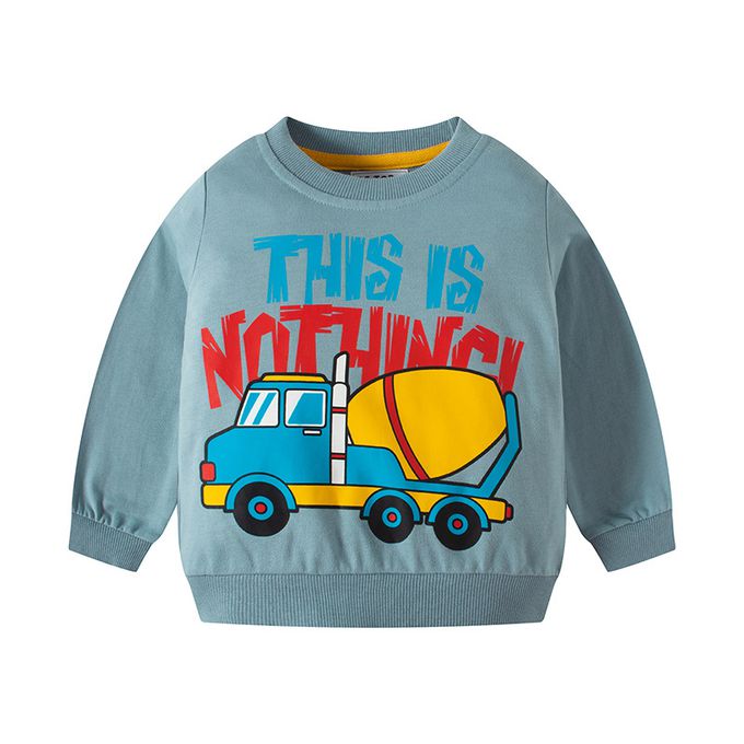 純棉圓領長袖上衣/大學T-繽紛水泥車-藍色