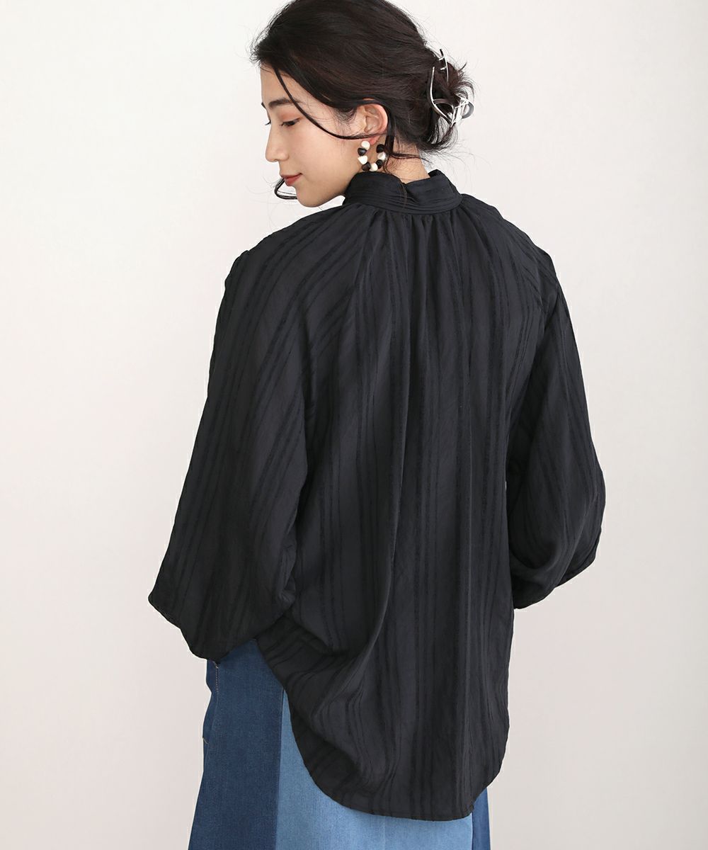 日本 Bou Jeloud - 小高領抓皺寬鬆前後2way長袖上衣-藍