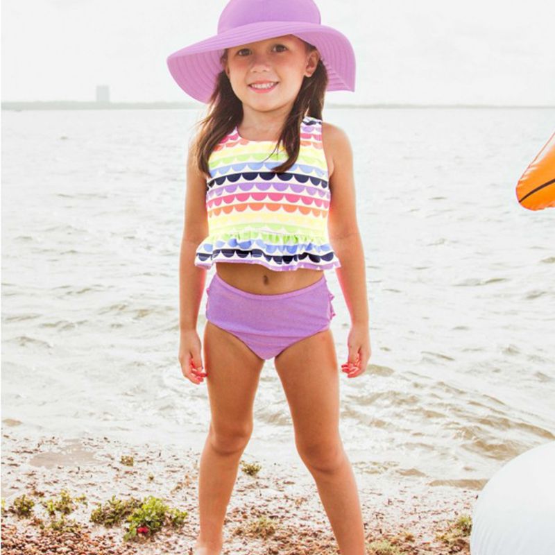 美國 RuffleButts - 小女童UPF 50+防曬兩件式無袖泳裝-七彩浪花