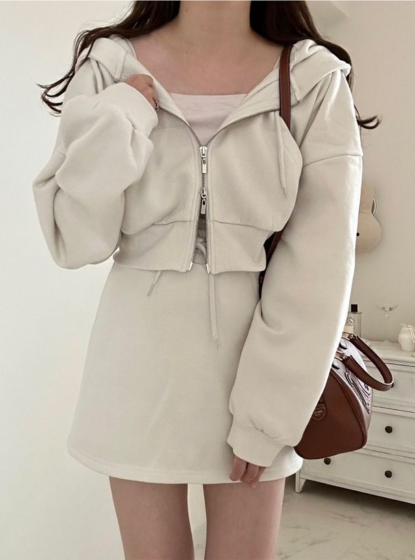 日本 GRL - 休閒風連帽外套短褲兩件式套裝-淺米杏 (F)