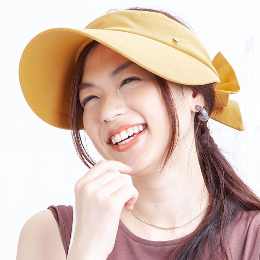 日本 irodori - 抗UV蝴蝶結緞帶網球帽-芥末黃 (M(56-58cm))
