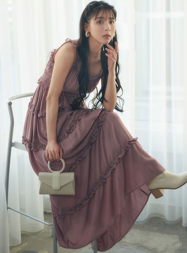 日本 GRL - 法式浪漫滾邊層次吊帶裙/洋裝-藍