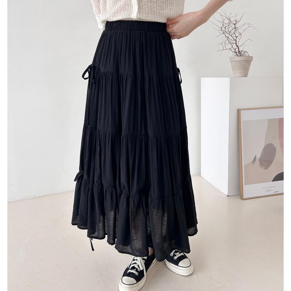 韓國女裝連線 - 鬆緊腰側邊抽繩拼接蛋糕裙-黑 (FREE)