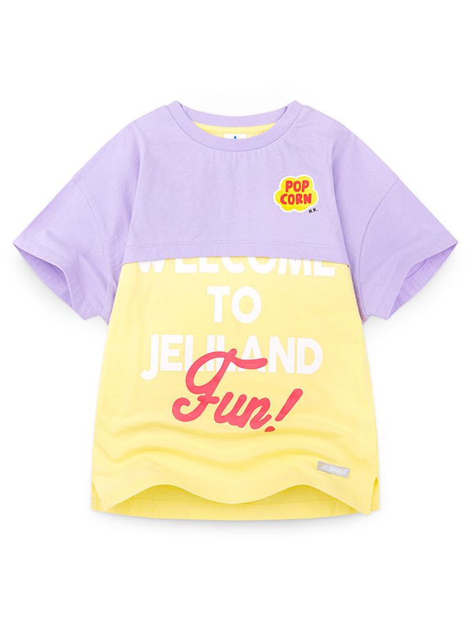 韓國 Jelispoon - 拼接假兩件長版短袖上衣-紫X黃