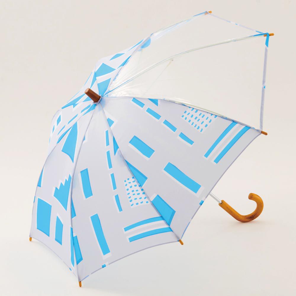 日本代購 - 印花透明窗兒童雨傘-幾何想像-水藍 (45cm(身高105-110cm))
