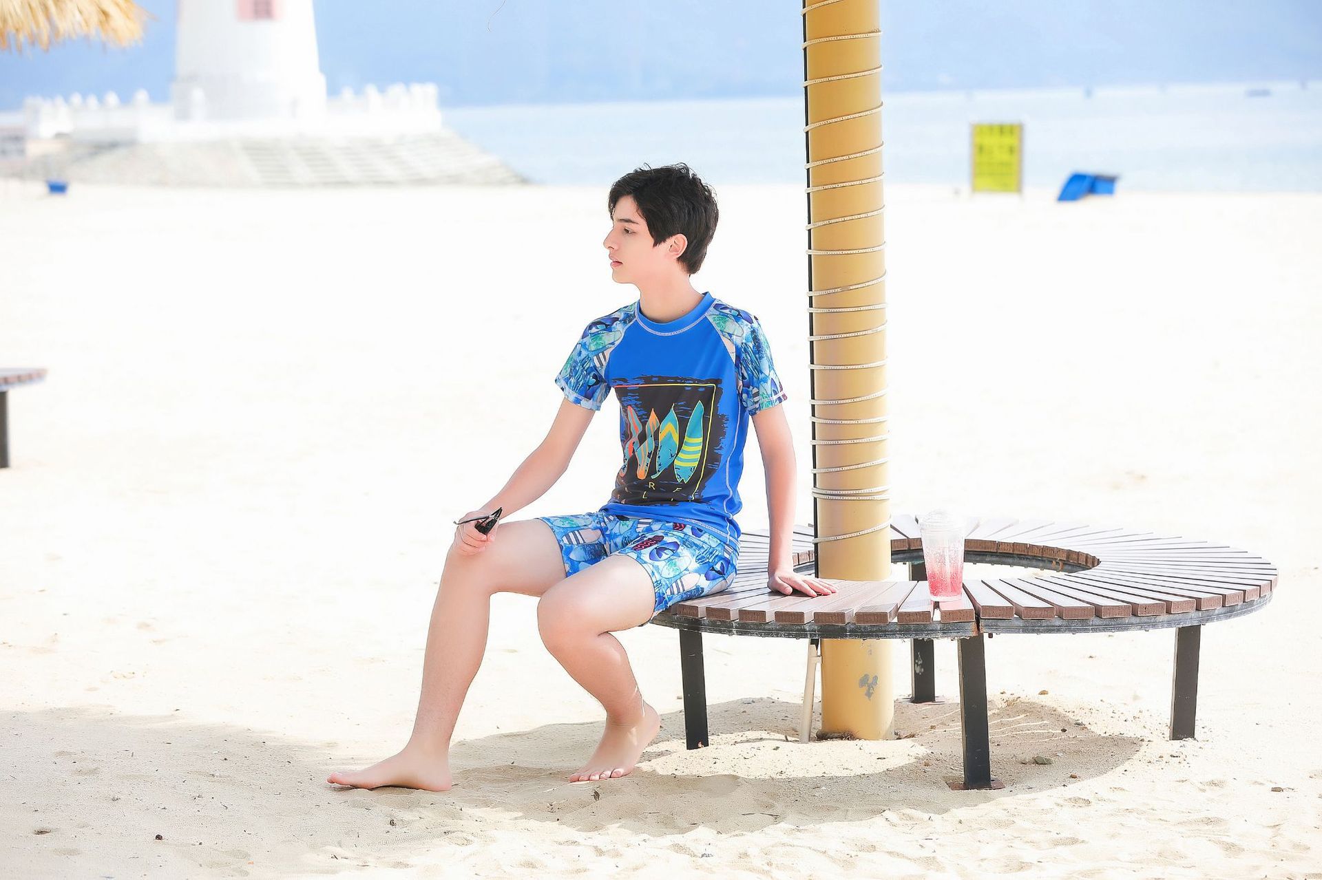 大童男孩短袖泳衣套裝(二件組)-衝浪板-藍色-泳衣、泳褲