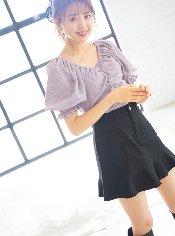 日本 GRL - V領抓皺澎澎短袖抽繩上衣-罌粟粉