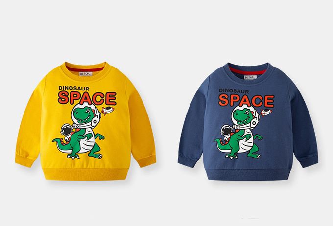 純棉圓領長袖上衣/大學T-外星恐龍-藍色