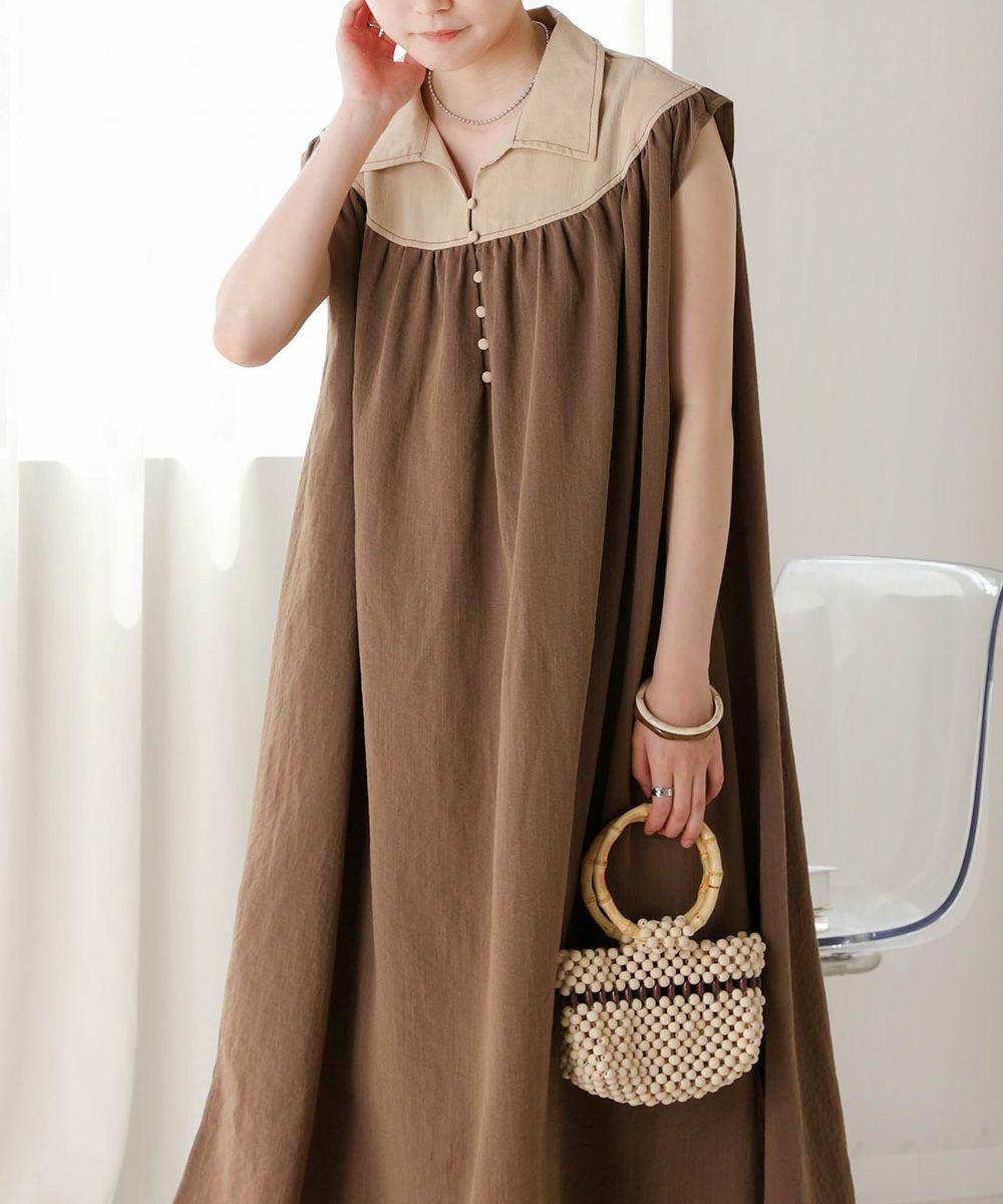 日本 Bou Jeloud - 翻領撞色設計款無袖洋裝-米x褐