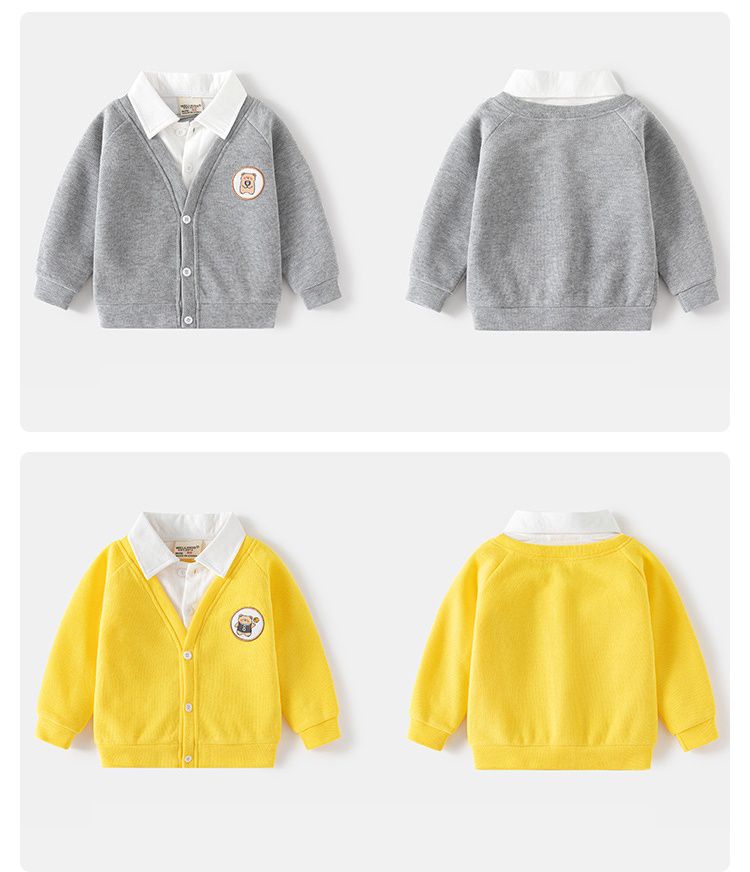 WELLKIDS - 假兩件翻領長袖開衫上衣-排球熊熊-灰色