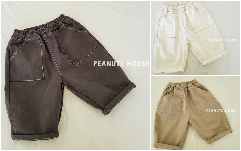 韓國 Peanuts House - 鬆緊腰縫線大口袋棉7分褲-卡其