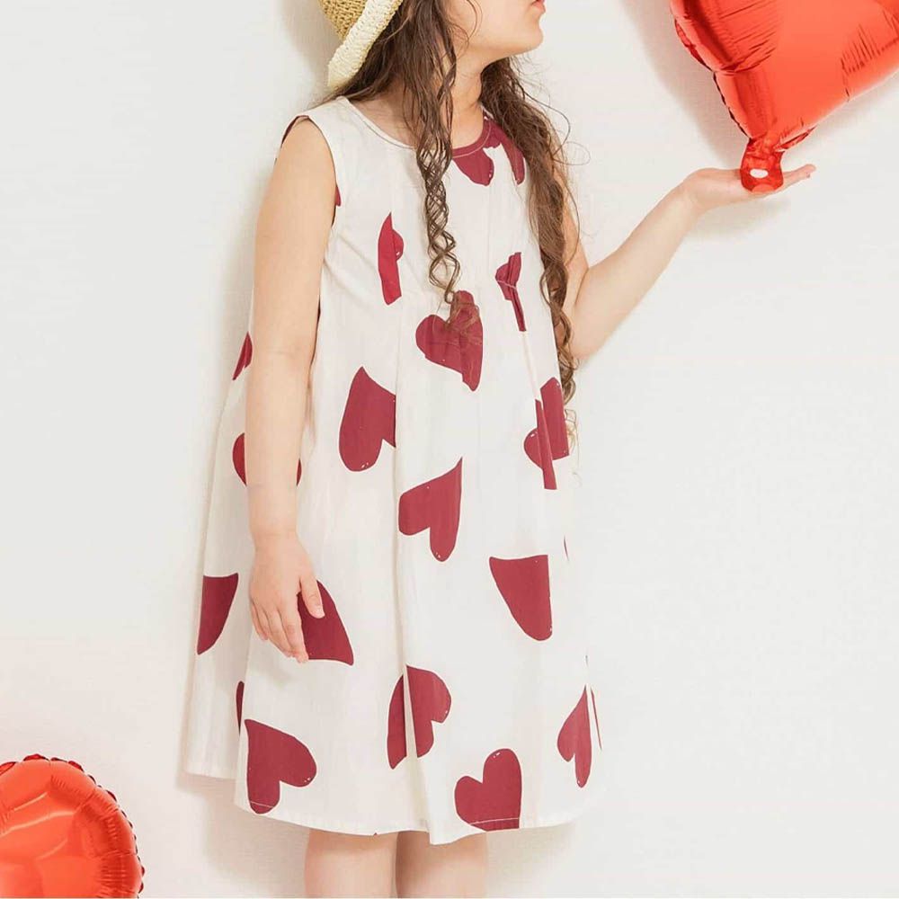 可愛女孩傘狀印花背心洋裝-愛心-白