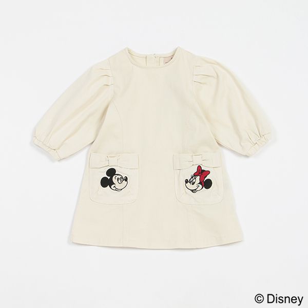 日本 petit main - 聯名款 俏麗蝴蝶結口袋長袖洋裝-丹寧藍