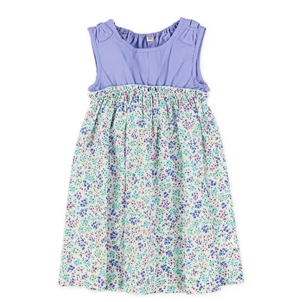 渡假風印花拼接無袖洋裝-藍紫