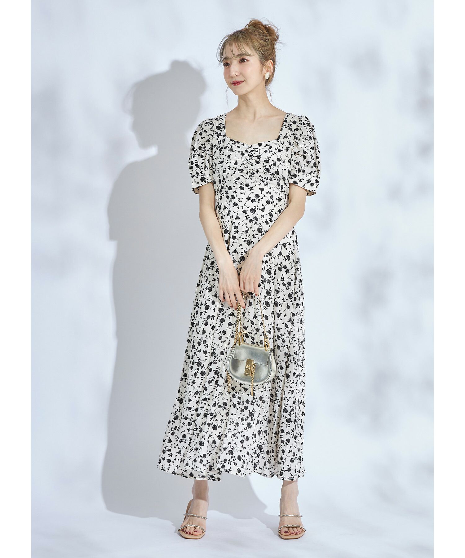 日本 tocco-closet - 愛心領泡泡袖雪紡洋裝-典雅玫瑰-鮭魚粉