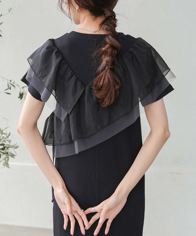 日本 Bab - 不對稱交叉薄紗拼接短袖洋裝-黑