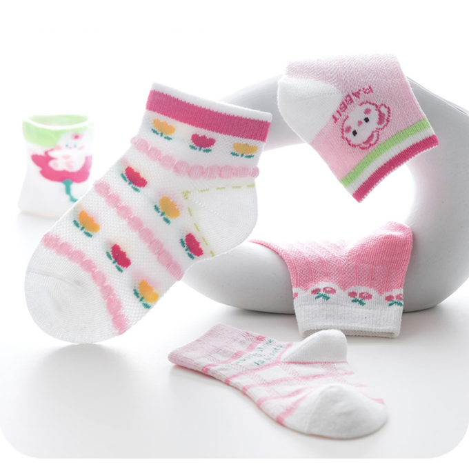 love, charlotte - 小兔大花櫻桃網眼短筒棉襪-5 雙一組