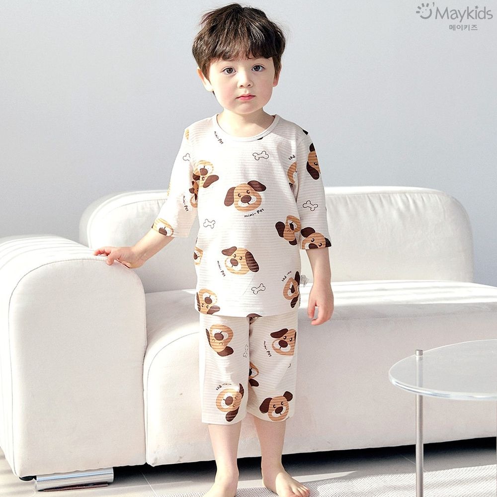 透氣條紋提花棉七分袖家居服-萌萌狗狗-米膚