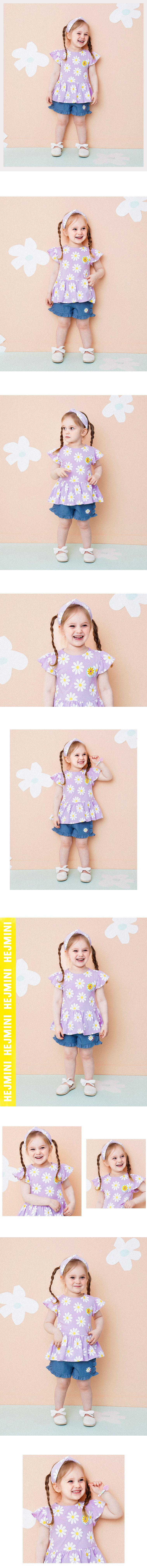 韓國 HEJMINI - 荷葉袖滿版雛菊上衣-紫