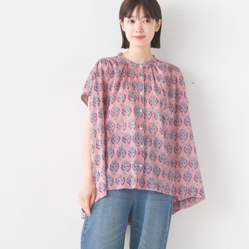 日本 OMNES - 100%印度棉 夏日印花法式袖襯衫-粉紫圖騰