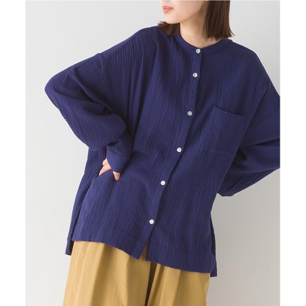 日本 OMNES - 圓領質感二重紗長袖襯衫-深藍