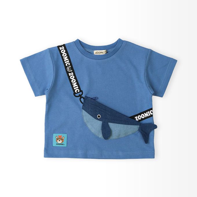 日本 ZOOLAND - 海洋印花短袖上衣-鯨魚口袋-淺灰