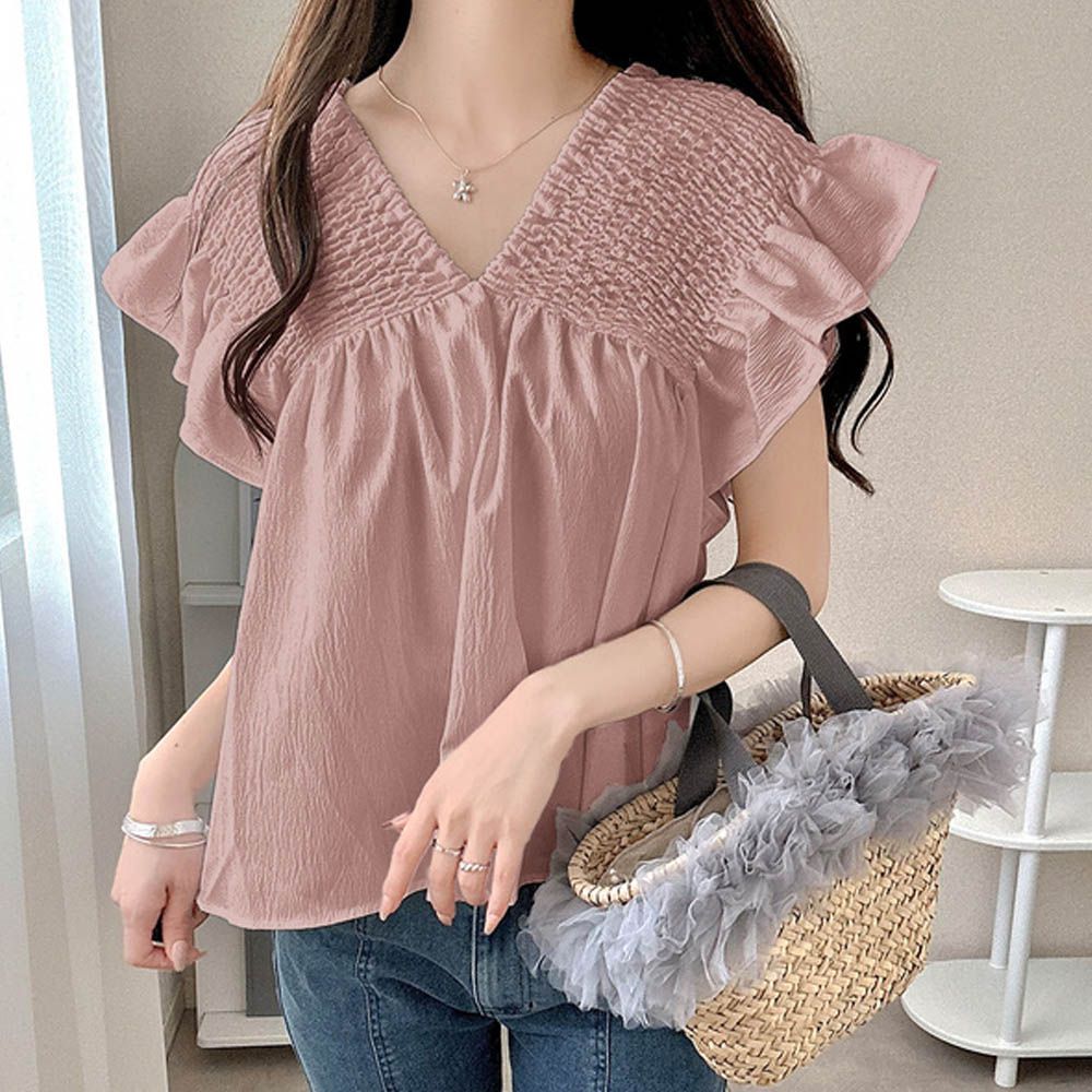 前後2way荷葉皺摺V領上衣-粉紅 (F)
